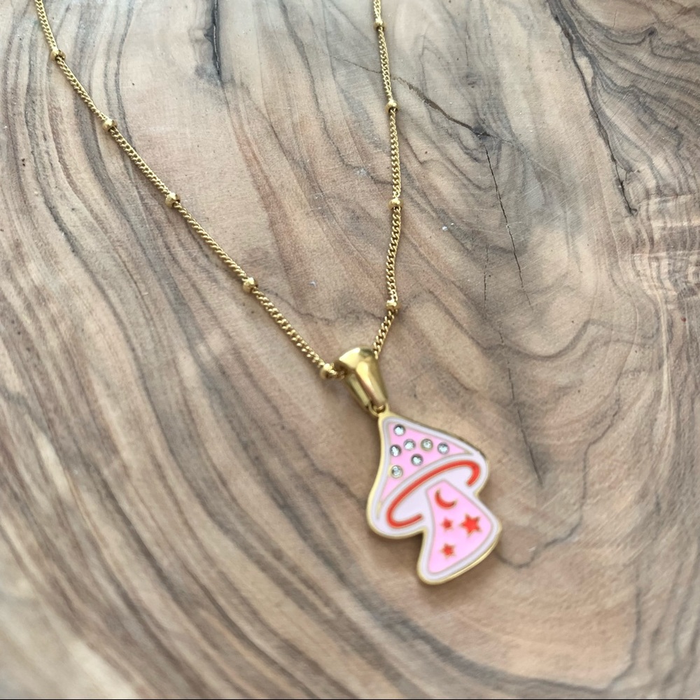 18K Gold Plated Pink Mushroom Necklace - Picture 2 of 4
